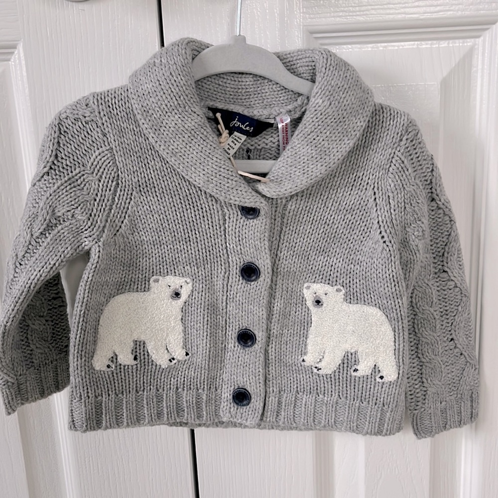 NWT Joules Grey Shawl Collar Cardigan with Polar Bear Detail, 3-6 mos